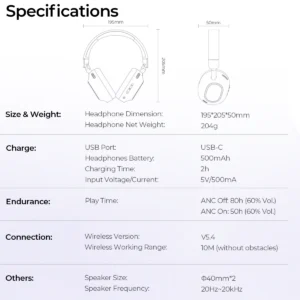 Havit H668BT LIFE NC01H Active Noise Cancelling Wireless Bluetooth Headphones Specifications