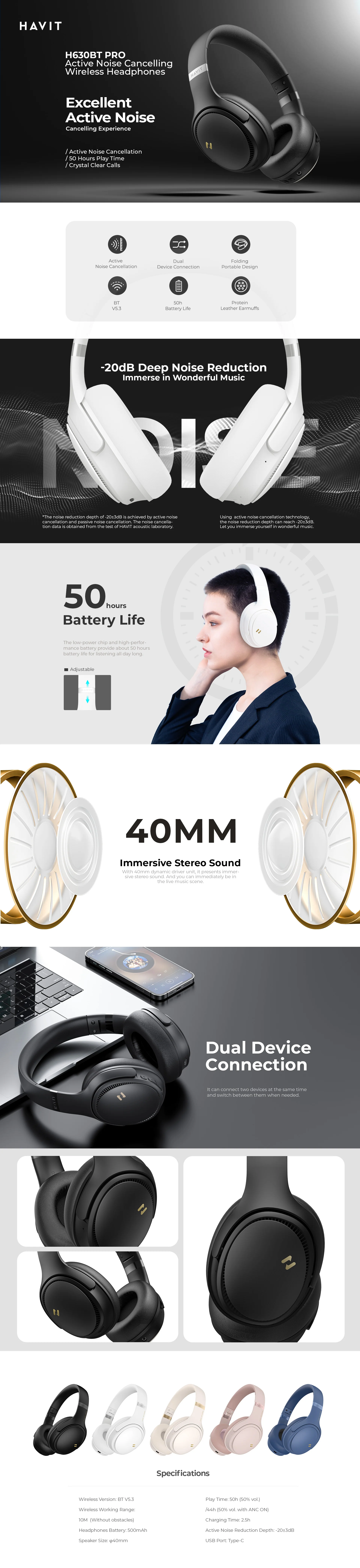 Havit H630BT PRO ANC Wireless Foldable Headphones