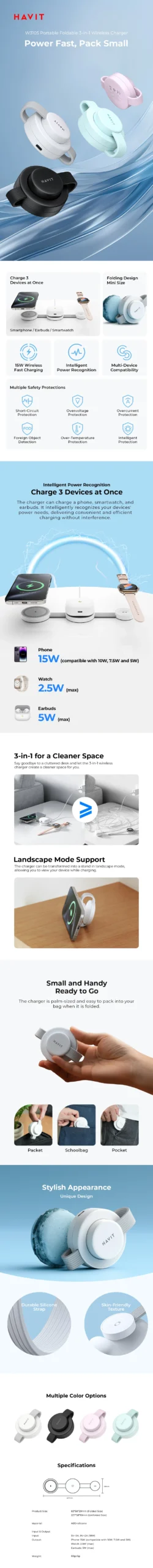 Havit W3105 15W 3-in-1 Portable Wireless Charger