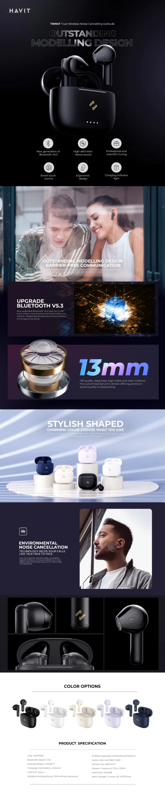 Havit TW947 Wireless Noise-Cancelling Earbuds