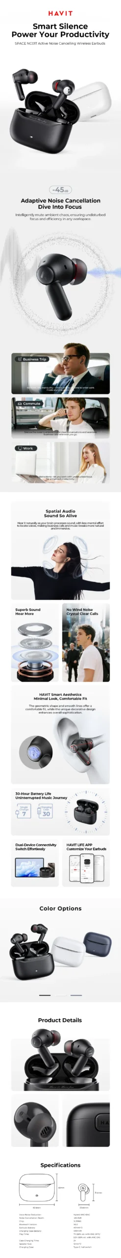 Havit SPACE NC01T TW991 Pro Hybrid Active Noise-Cancelling Earbuds