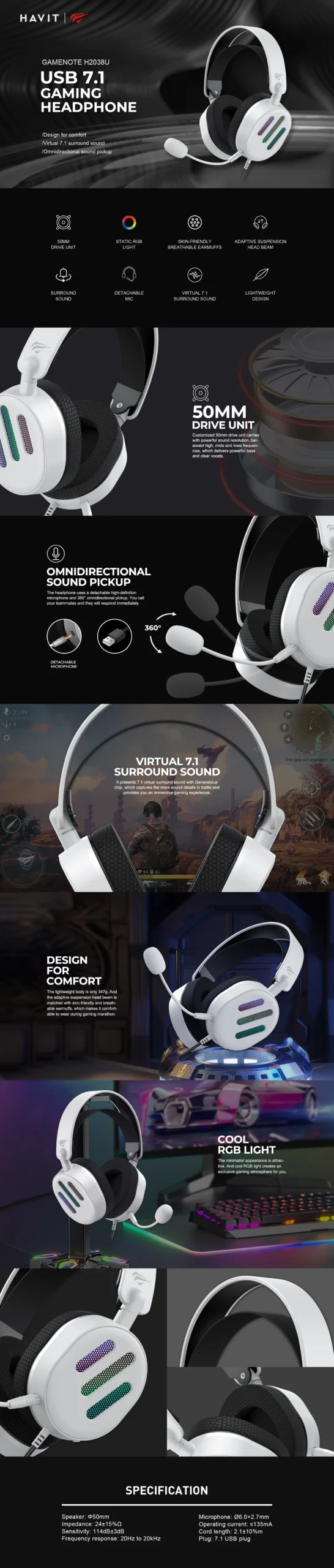 Havit H2038U USB 7.1 Gaming Headphones